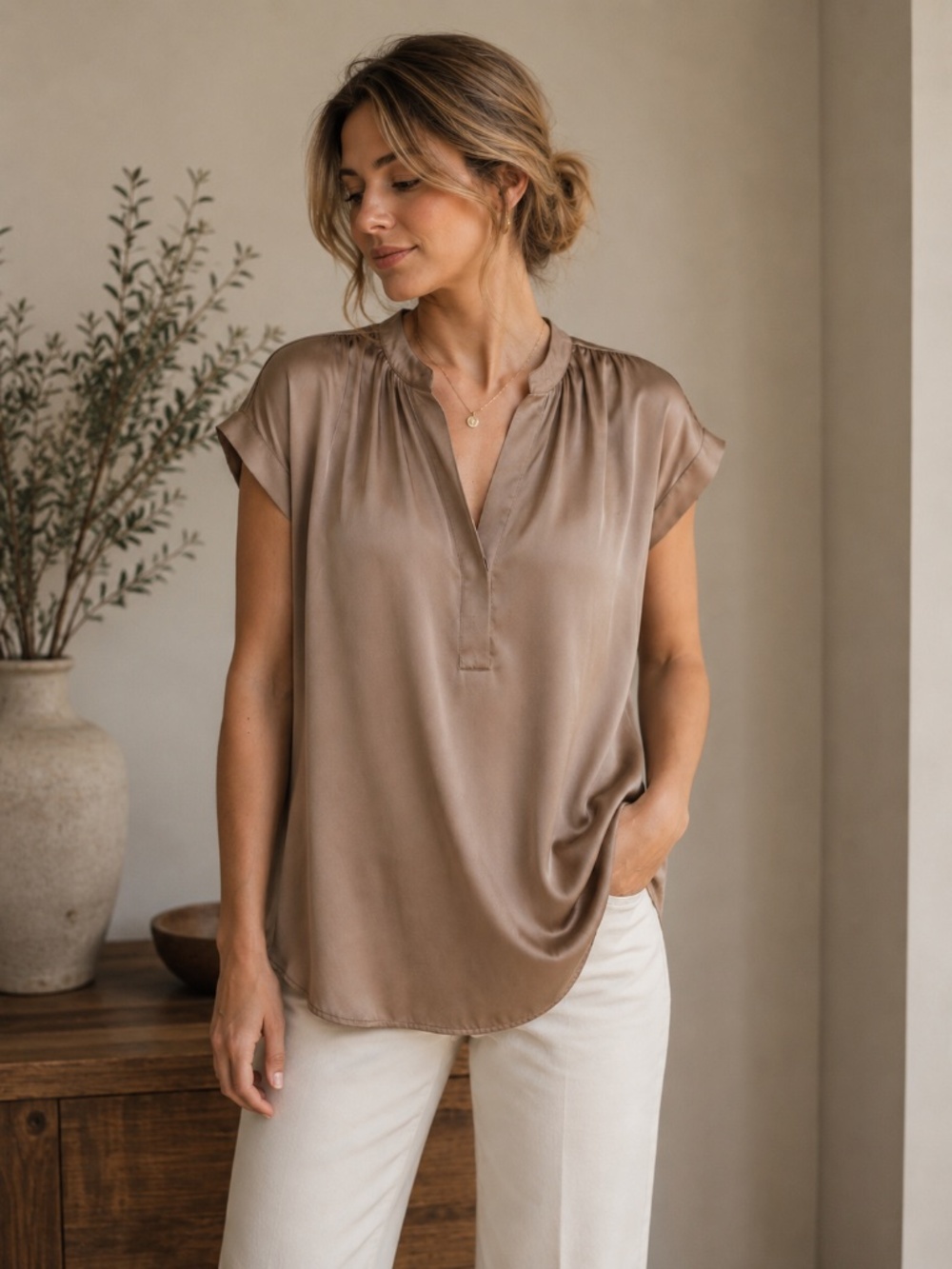 R Label Elegant Taupe Satin Blouse - size S